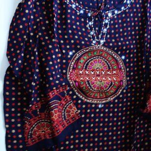 Handmade Cloth Top w/Embroidery L 26" Armpit to Armpit 20" Navy/Red/Yellow